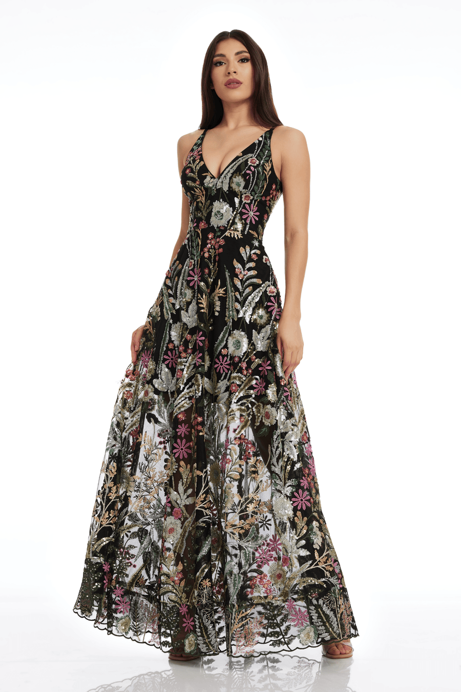 Ariyah Sleeveless Floral Sequin Gown